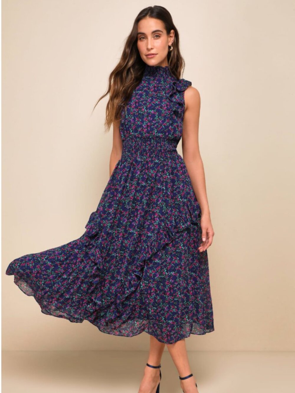 Lulus XS Evalina Navy Blue Floral Print Mock Neck Midi Dress
